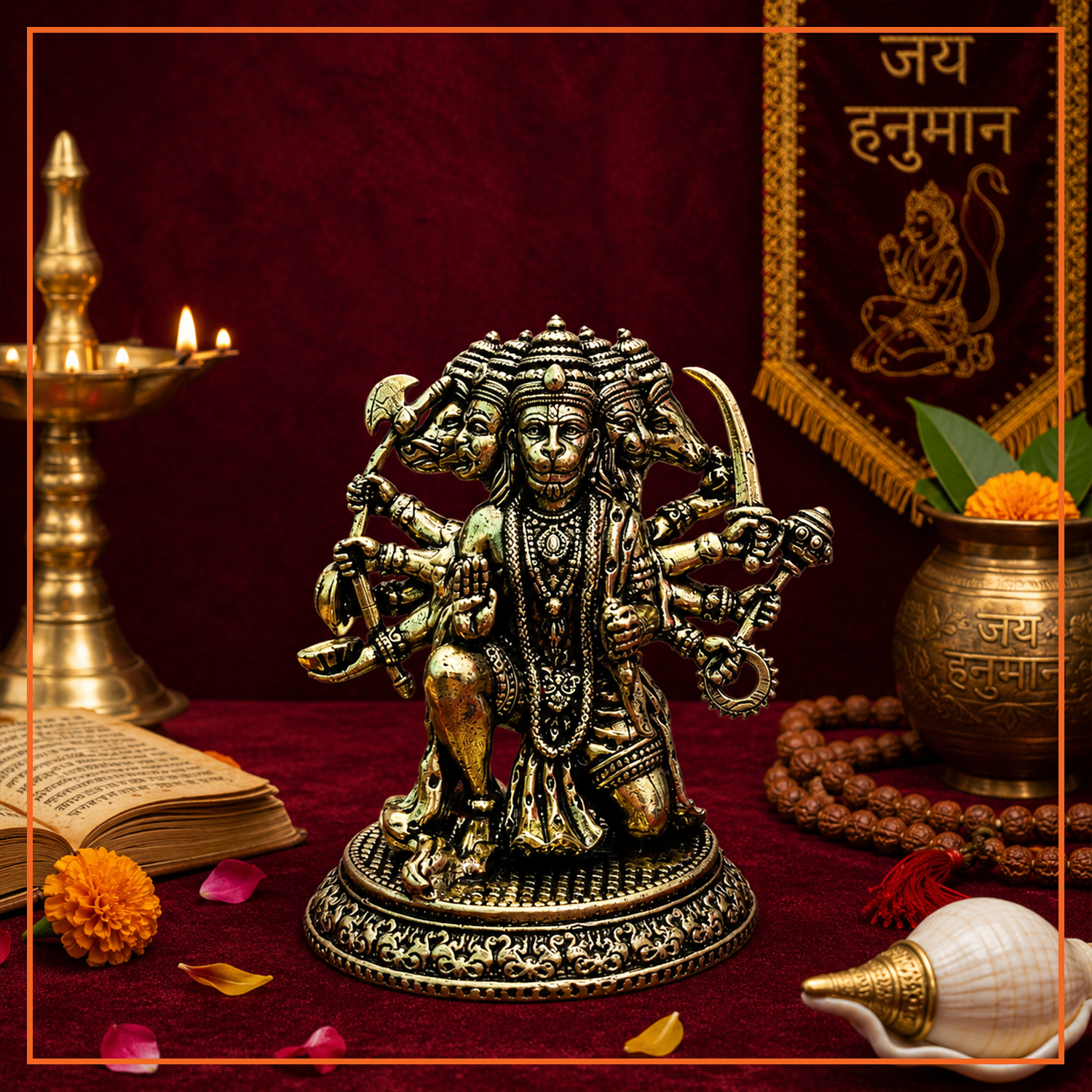 Antique gold solid brass Panchamukhi Hanuman Ji standing idol | 9cm